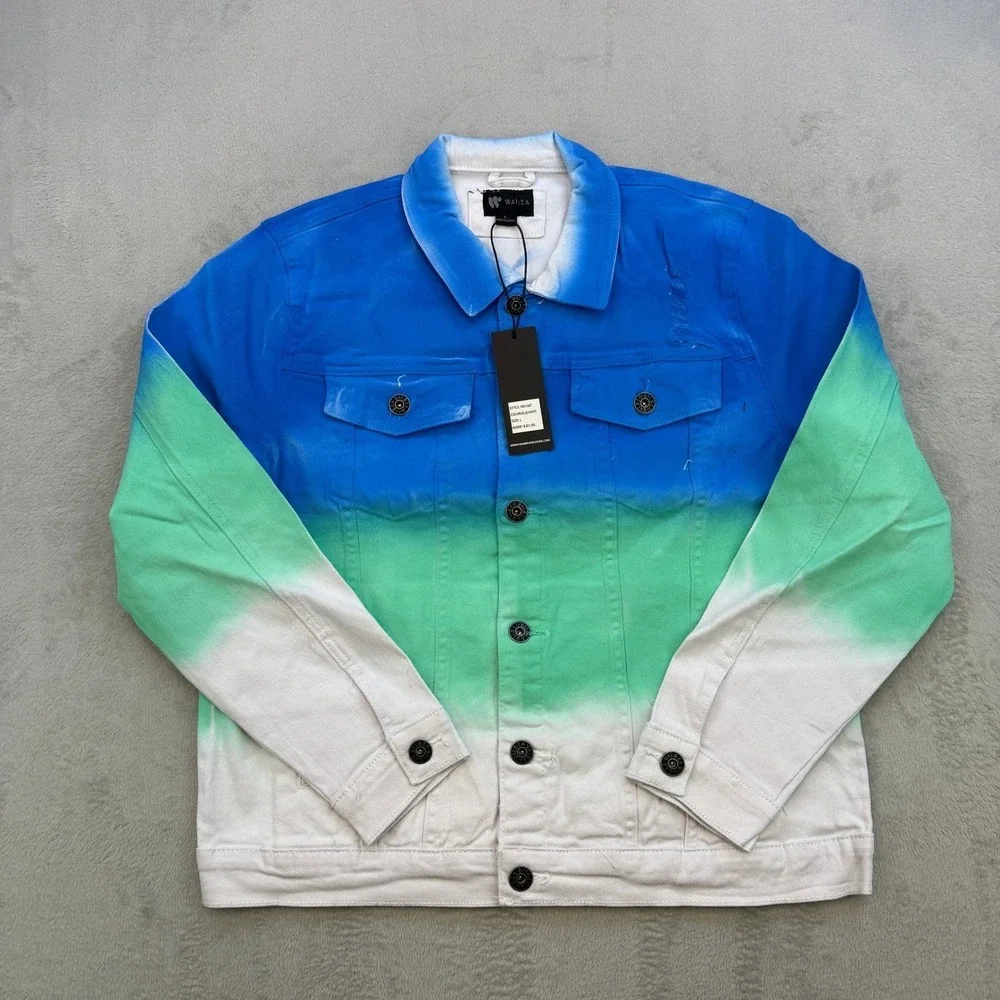 Waimea Denim Jacket Mens Medium Blue Green White Ombre Distressed Streetwear New